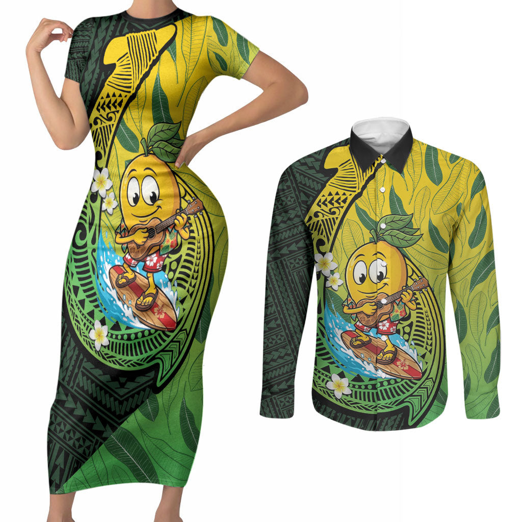 Hawaii Surfing Mango Couples Matching Short Sleeve Bodycon Dress and Long Sleeve Button Shirt Manako Polynesian Fish Hook LT14 Green - Polynesian Pride