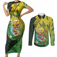 Hawaii Surfing Mango Couples Matching Short Sleeve Bodycon Dress and Long Sleeve Button Shirt Manako Polynesian Fish Hook LT14 Green - Polynesian Pride