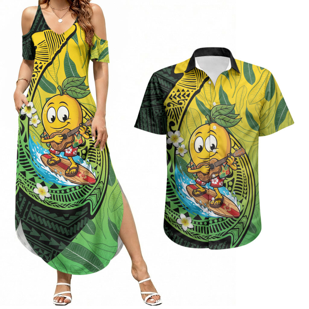 Hawaii Surfing Mango Couples Matching Summer Maxi Dress and Hawaiian Shirt Manako Polynesian Fish Hook LT14 Green - Polynesian Pride