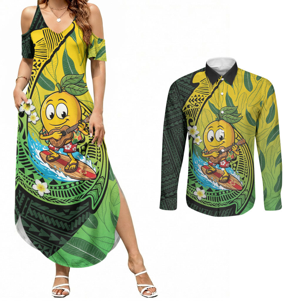 Hawaii Surfing Mango Couples Matching Summer Maxi Dress and Long Sleeve Button Shirt Manako Polynesian Fish Hook LT14 Green - Polynesian Pride