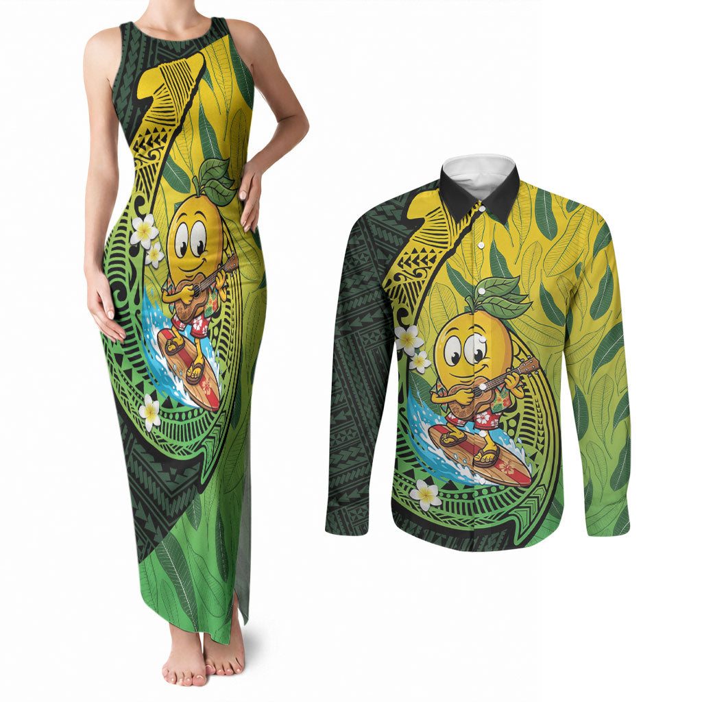 Hawaii Surfing Mango Couples Matching Tank Maxi Dress and Long Sleeve Button Shirt Manako Polynesian Fish Hook LT14 Green - Polynesian Pride
