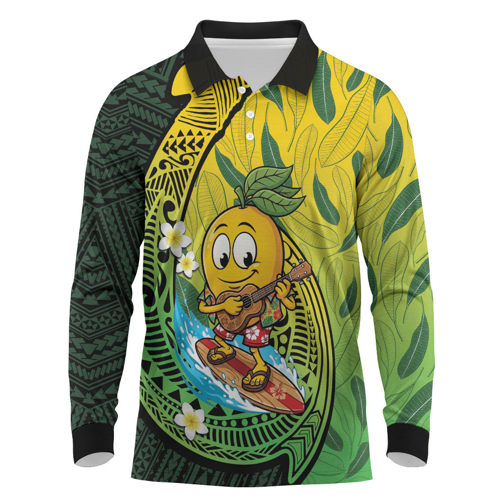 Hawaii Surfing Mango Long Sleeve Polo Shirt Manako Polynesian Fish Hook LT14 Green - Polynesian Pride