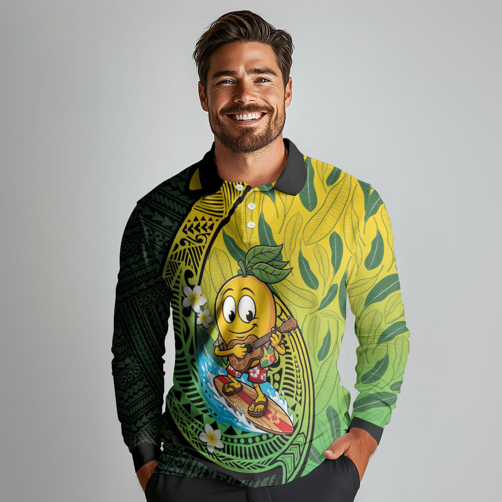 Hawaii Surfing Mango Long Sleeve Polo Shirt Manako Polynesian Fish Hook LT14 - Polynesian Pride