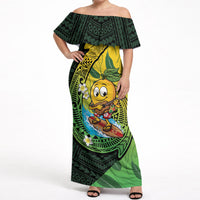 Hawaii Surfing Mango Off Shoulder Maxi Dress Manako Polynesian Fish Hook LT14 Women Green - Polynesian Pride