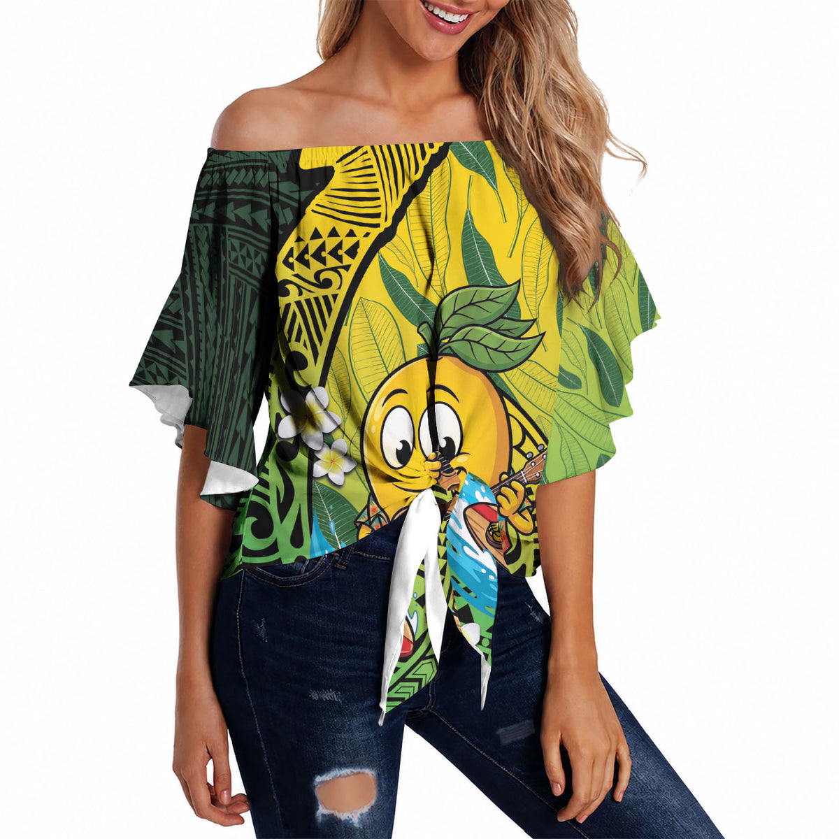 Hawaii Surfing Mango Off Shoulder Wrap Waist Top Manako Polynesian Fish Hook LT14 - Polynesian Pride