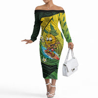 Hawaii Surfing Mango Off The Shoulder Long Sleeve Dress Manako Polynesian Fish Hook LT14 Women Green - Polynesian Pride