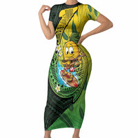 Hawaii Surfing Mango Short Sleeve Bodycon Dress Manako Polynesian Fish Hook LT14 Long Dress Green - Polynesian Pride