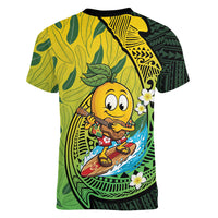 Hawaii Surfing Mango Women V-Neck T-Shirt Manako Polynesian Fish Hook LT14 - Polynesian Pride
