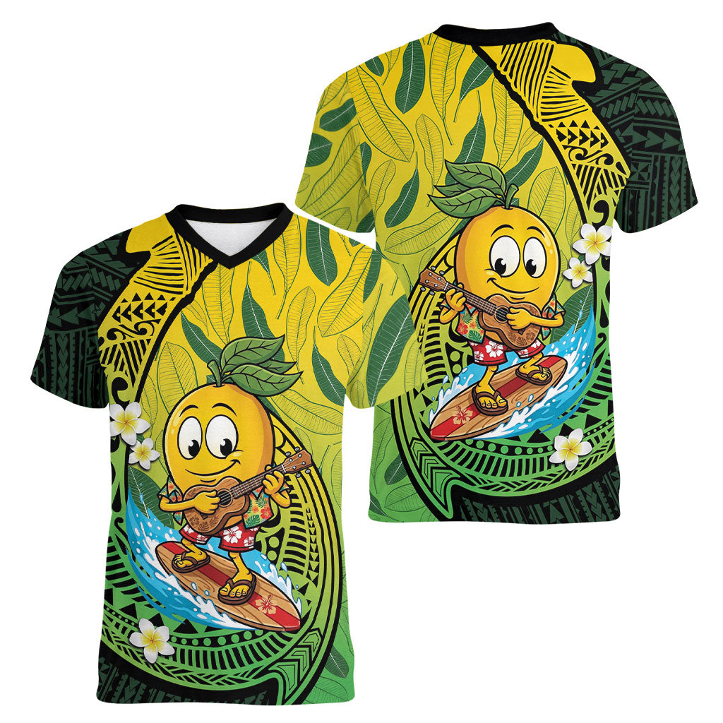 Hawaii Surfing Mango Women V-Neck T-Shirt Manako Polynesian Fish Hook LT14 - Polynesian Pride