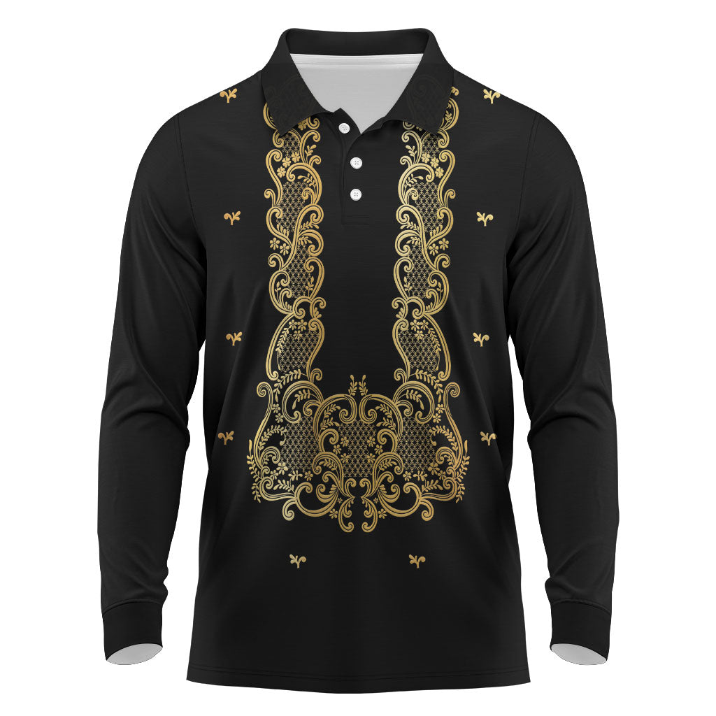 Philippines National Costume Long Sleeve Polo Shirt Barong Tagalog Inspired Black Color LT14 Black - Polynesian Pride