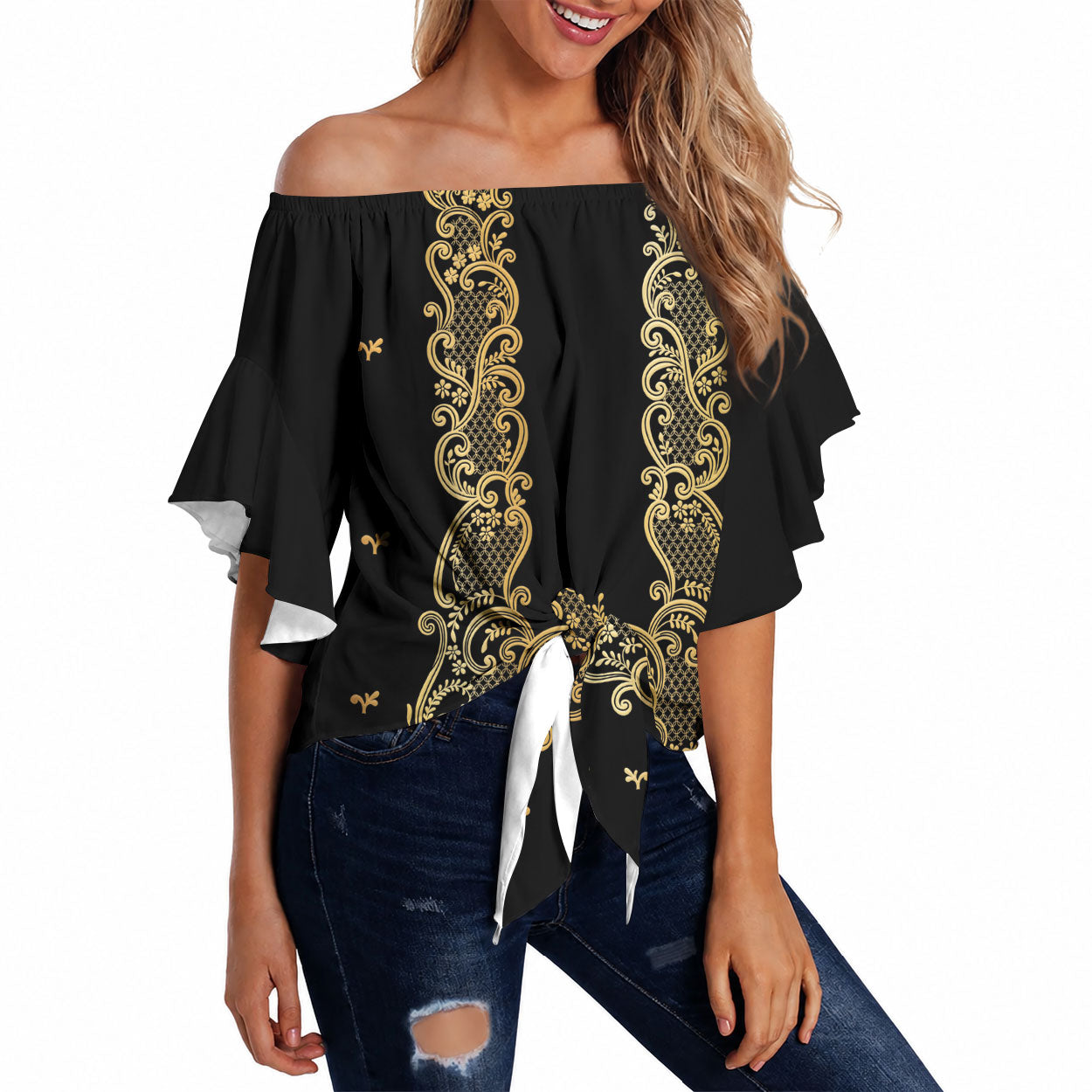 Philippines National Costume Off Shoulder Wrap Waist Top Barong Tagalog Inspired Black Color LT14 Black - Polynesian Pride