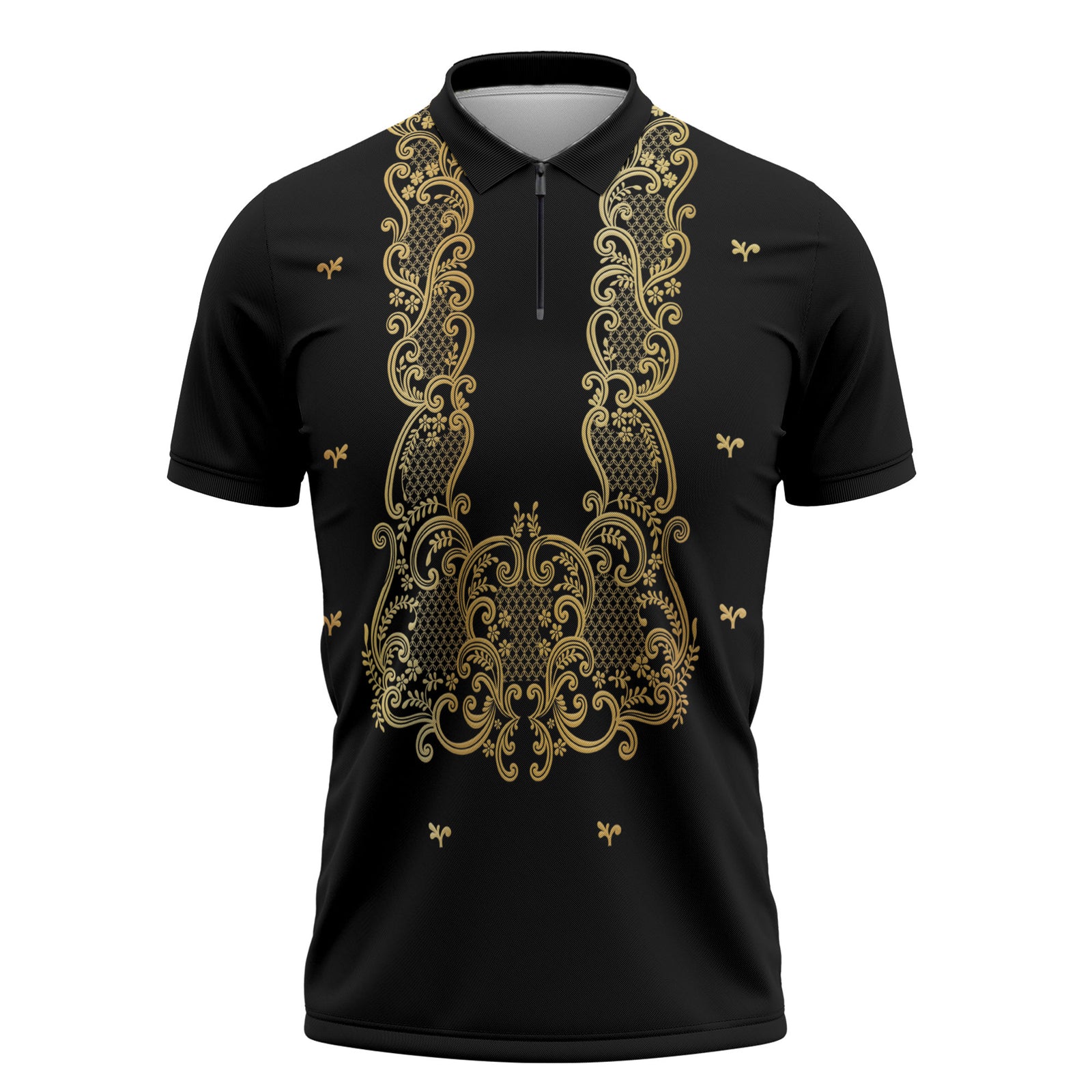 Philippines National Costume Zipper Polo Shirt Barong Tagalog Inspired Black Color LT14 Black - Polynesian Pride