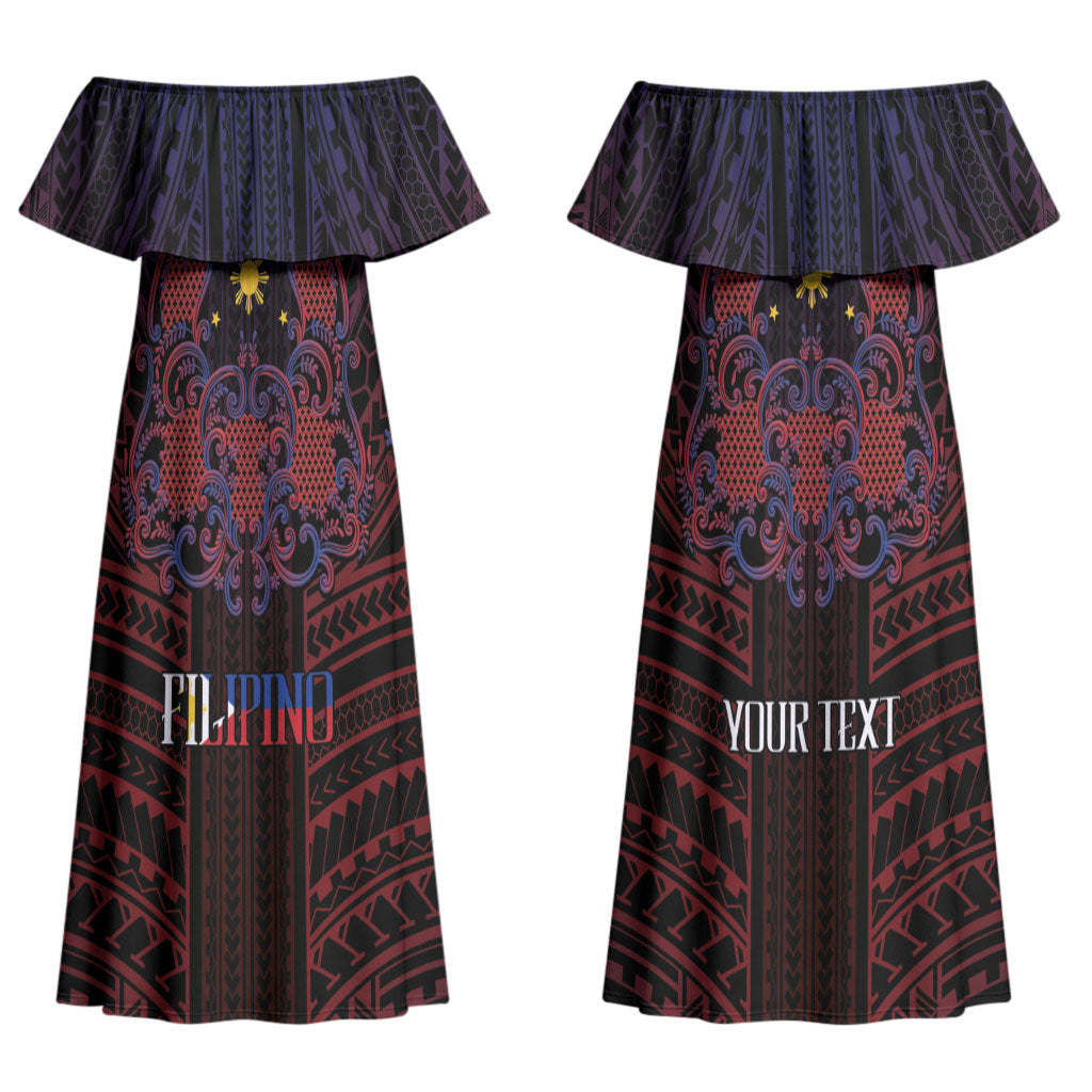 Filipino Barong Tagalog Inspired Personalised Couples Matching Off Shoulder Maxi Dress and Hawaiian Shirt Mabuhay Philippines Festival Polynesian Pattern LT14 - Polynesian Pride