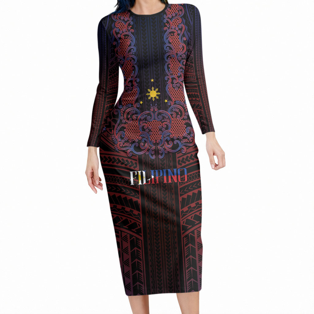 Filipino Barong Tagalog Inspired Personalised Long Sleeve Bodycon Dress Mabuhay Philippines Festival Polynesian Pattern LT14 Long Dress Black - Polynesian Pride