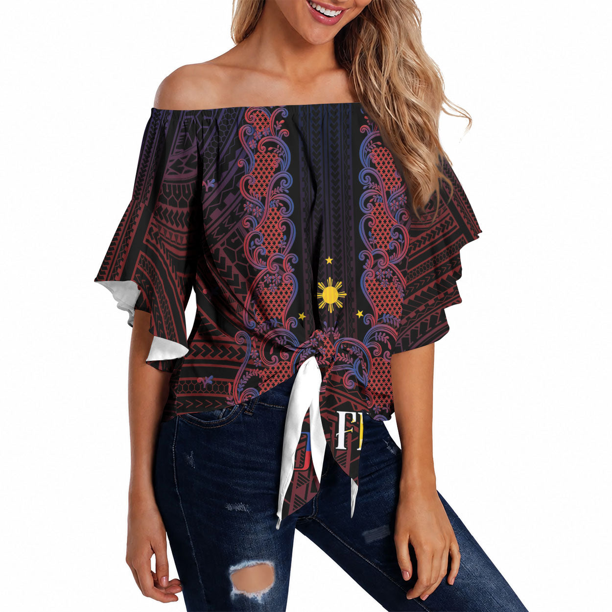 Filipino Barong Tagalog Inspired Personalised Off Shoulder Wrap Waist Top Mabuhay Philippines Festival Polynesian Pattern LT14 Black - Polynesian Pride