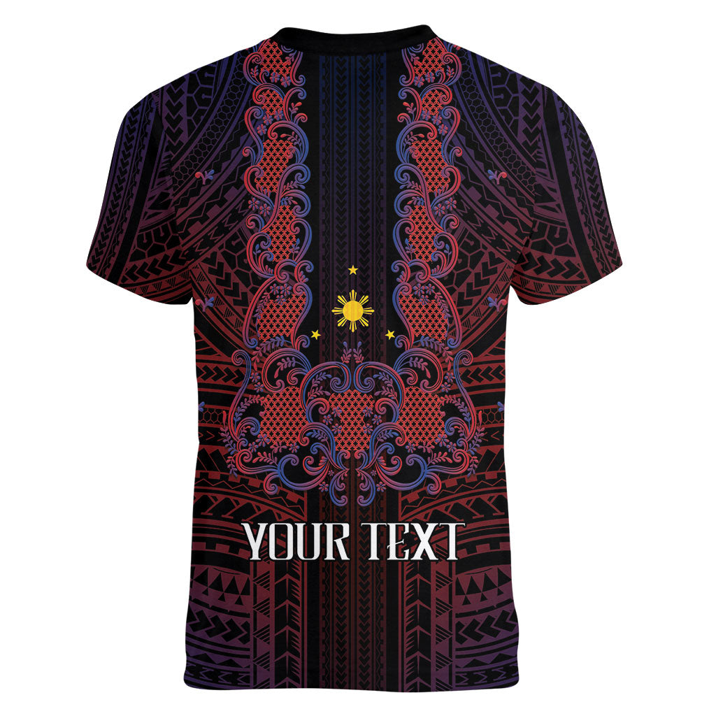 Filipino Barong Tagalog Inspired Personalised Women V-Neck T-Shirt Mabuhay Philippines Festival Polynesian Pattern LT14 - Polynesian Pride