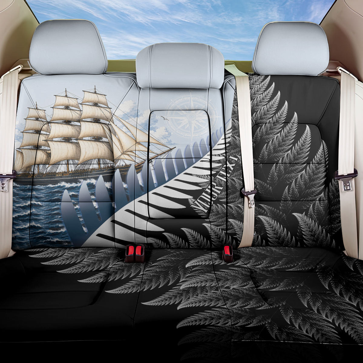 Personalised New Zealand Pakeha Back Car Seat Cover Kiwi Silver Fern and Sailing Ship Compass LT14 One Size Blue - Polynesian Pride