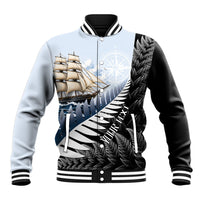 Personalised New Zealand Pakeha Baseball Jacket Kiwi Silver Fern and Sailing Ship Compass LT14 Unisex Blue - Polynesian Pride