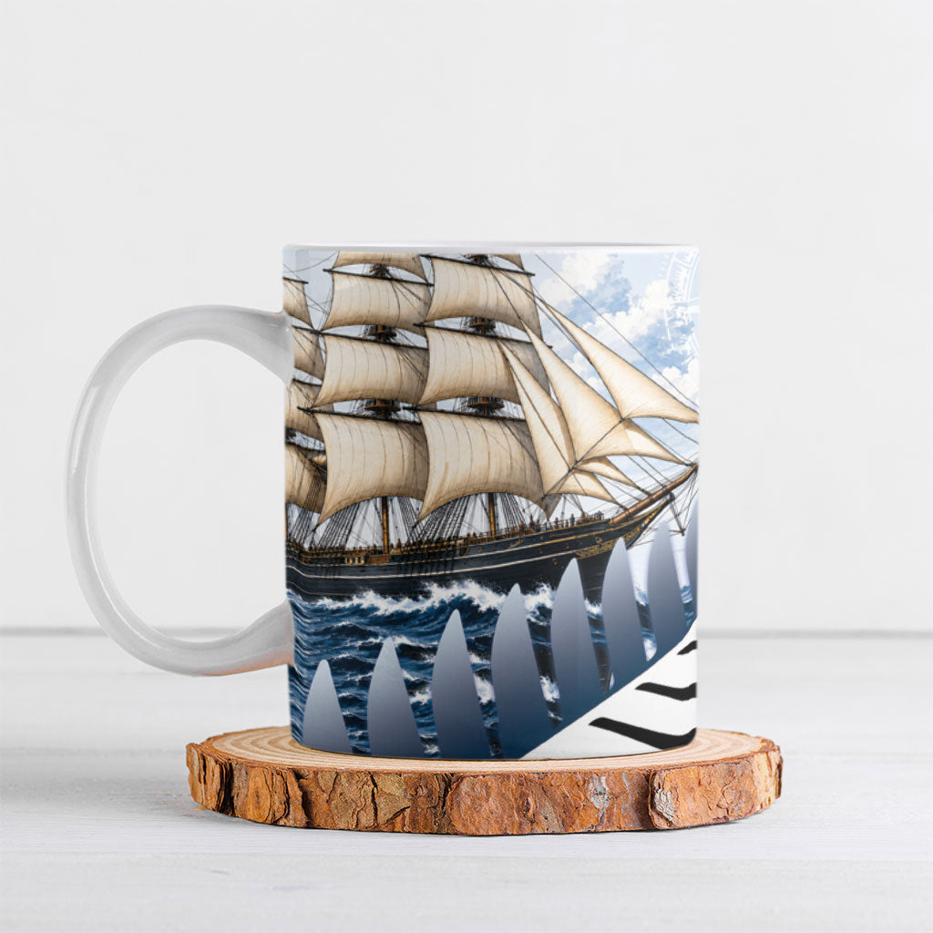 Personalised New Zealand Pakeha Ceramic Mug Kiwi Silver Fern and Sailing Ship Compass LT14 Blue - Polynesian Pride