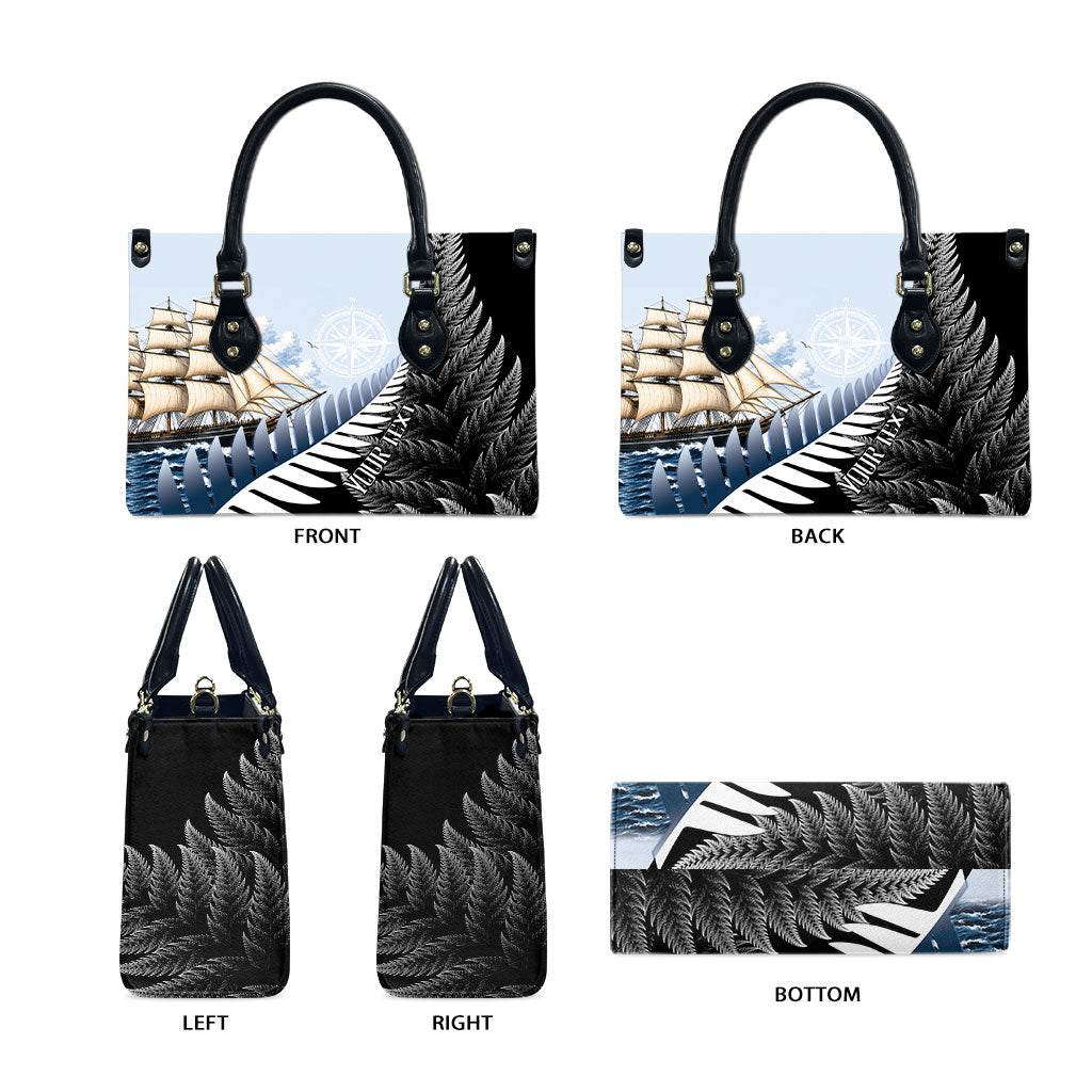 Personalised New Zealand Pakeha Leather Bag Kiwi Silver Fern and Sailing Ship Compass LT14 - Polynesian Pride