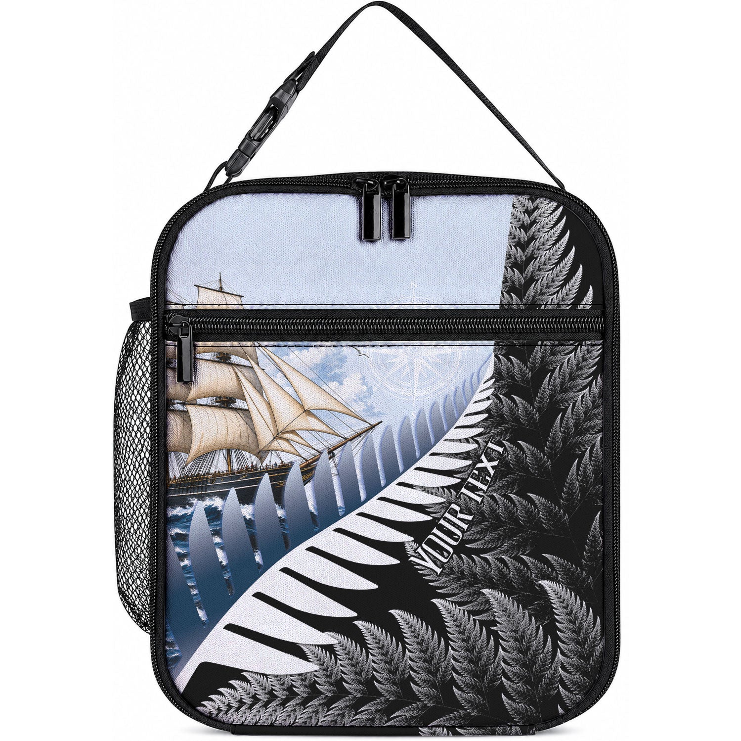 Personalised New Zealand Pakeha Lunch Bag Kiwi Silver Fern and Sailing Ship Compass LT14 10.2 × 8.3 × 4.3 inch Blue - Polynesian Pride