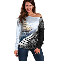 Personalised New Zealand Pakeha Off Shoulder Sweater Kiwi Silver Fern and Sailing Ship Compass LT14 Women Blue - Polynesian Pride
