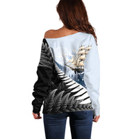 Personalised New Zealand Pakeha Off Shoulder Sweater Kiwi Silver Fern and Sailing Ship Compass LT14 - Polynesian Pride