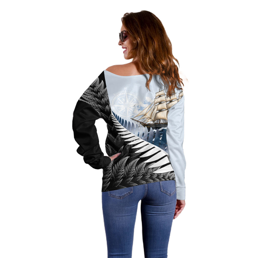Personalised New Zealand Pakeha Off Shoulder Sweater Kiwi Silver Fern and Sailing Ship Compass LT14 - Polynesian Pride