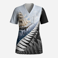 Personalised New Zealand Pakeha Scrub Top Kiwi Silver Fern and Sailing Ship Compass LT14 Adult Blue - Polynesian Pride
