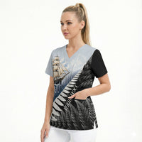 Personalised New Zealand Pakeha Scrub Top Kiwi Silver Fern and Sailing Ship Compass LT14 - Polynesian Pride