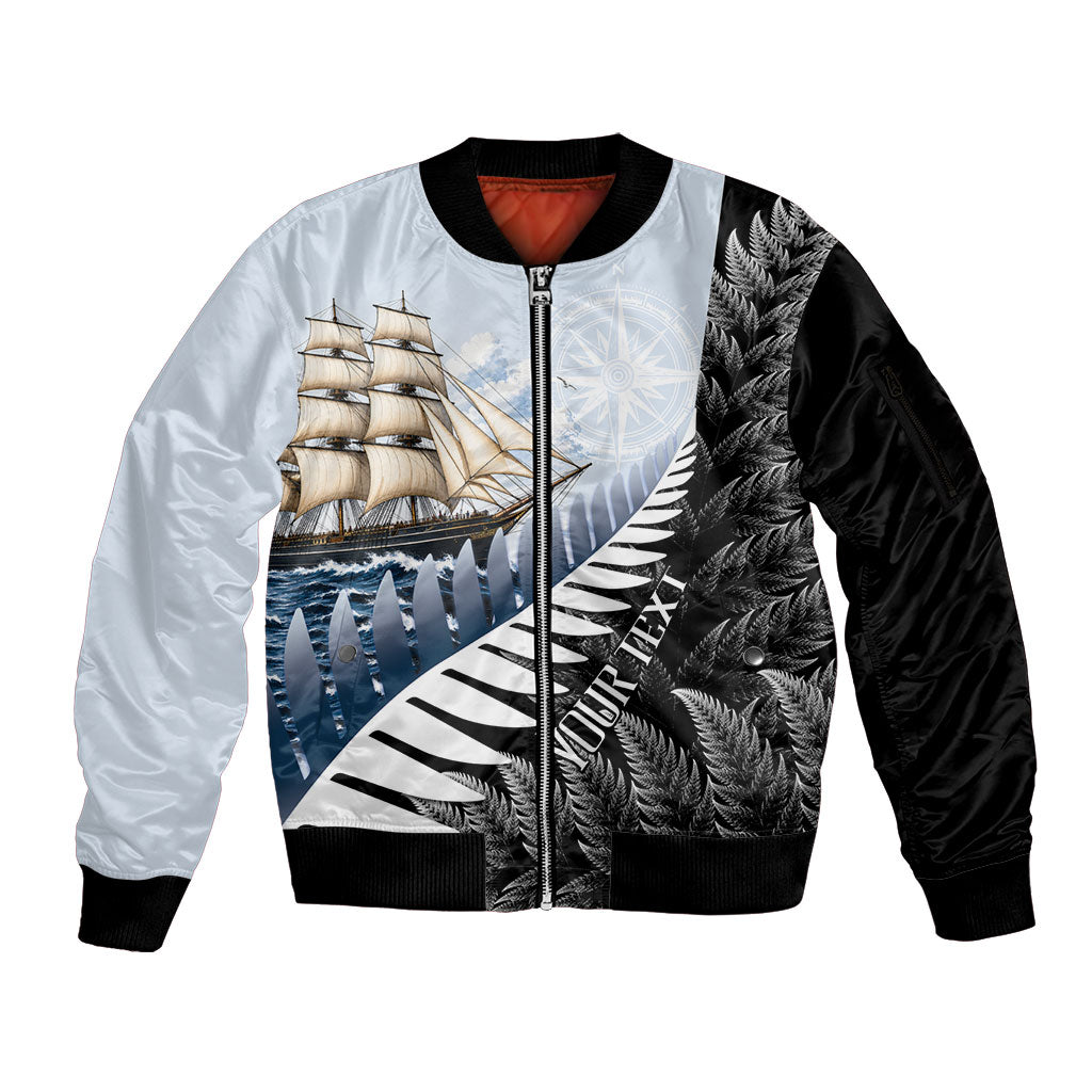 Personalised New Zealand Pakeha Sleeve Zip Bomber Jacket Kiwi Silver Fern and Sailing Ship Compass LT14 Unisex Blue - Polynesian Pride