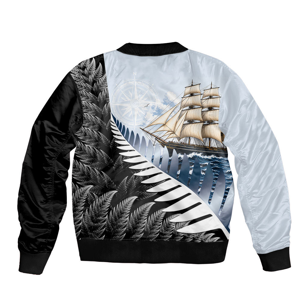 Personalised New Zealand Pakeha Sleeve Zip Bomber Jacket Kiwi Silver Fern and Sailing Ship Compass LT14 - Polynesian Pride