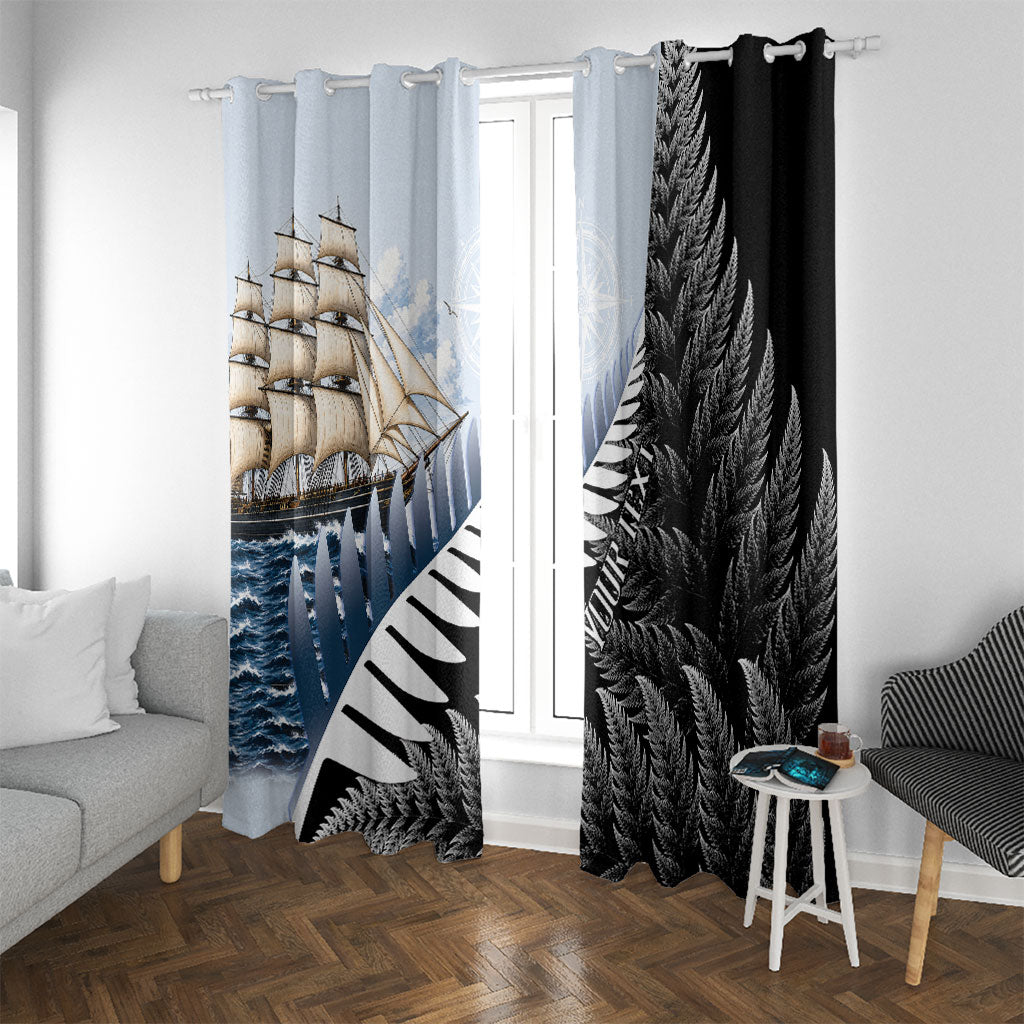 Personalised New Zealand Pakeha Window Curtain Kiwi Silver Fern and Sailing Ship Compass LT14 With Grommets Blue - Polynesian Pride