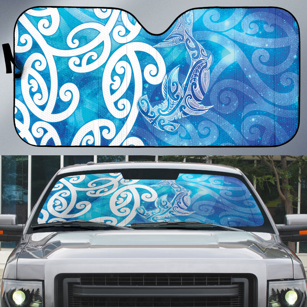 Hammerhead Shark Tattoo New Zealand Auto Sun Shade Maori Galaxy Mangopare Pattern LT14 Turquoise - Polynesian Pride