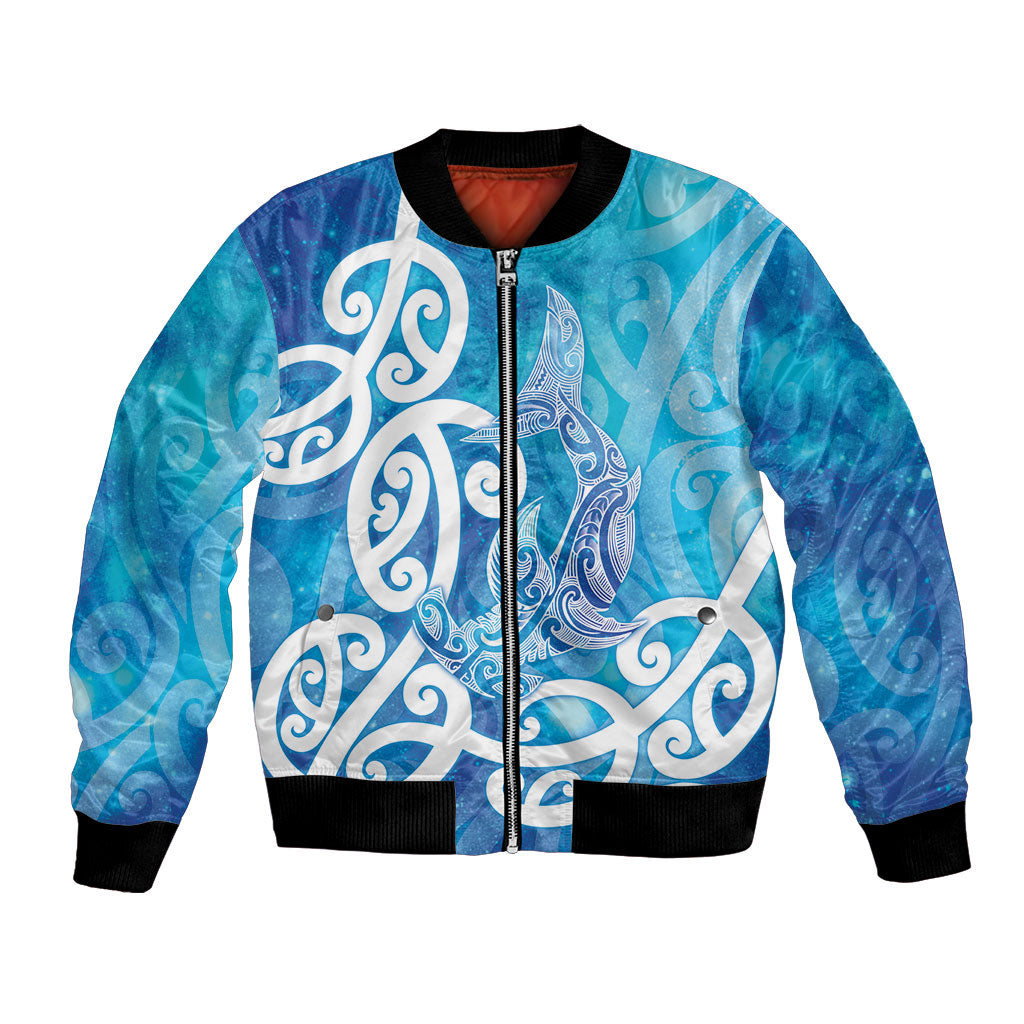 Hammerhead Shark Tattoo New Zealand Bomber Jacket Maori Galaxy Mangopare Pattern LT14 Unisex Turquoise - Polynesian Pride