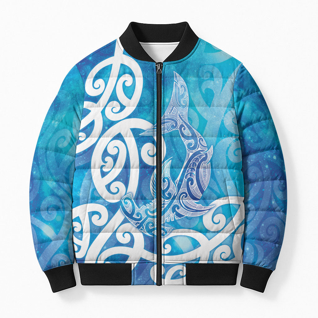 Hammerhead Shark Tattoo New Zealand Bomber Puffer Jacket Maori Galaxy Mangopare Pattern LT14 Unisex Turquoise - Polynesian Pride