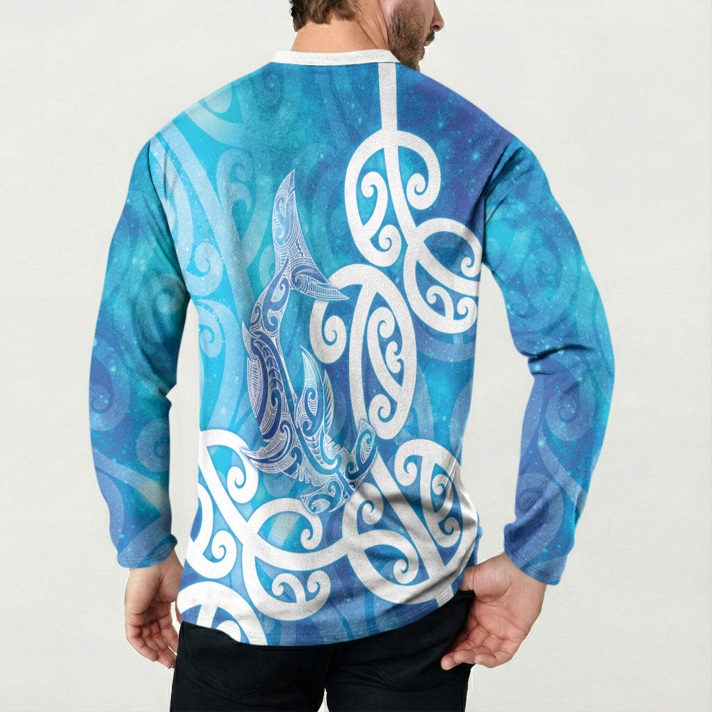 Hammerhead Shark Tattoo New Zealand Button Sweatshirt Maori Galaxy Mangopare Pattern LT14 - Polynesian Pride
