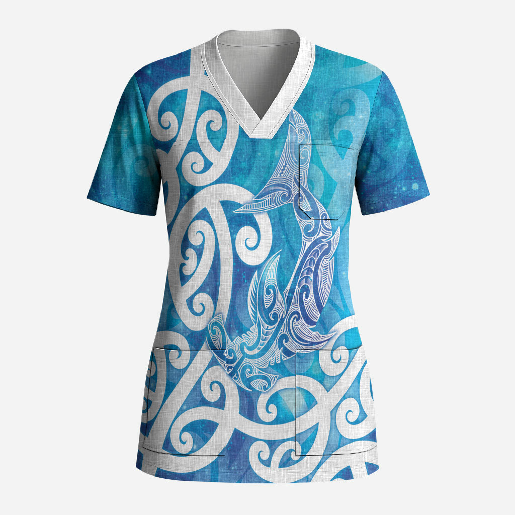 Hammerhead Shark Tattoo New Zealand Scrub Top Maori Galaxy Mangopare Pattern LT14 Adult Turquoise - Polynesian Pride