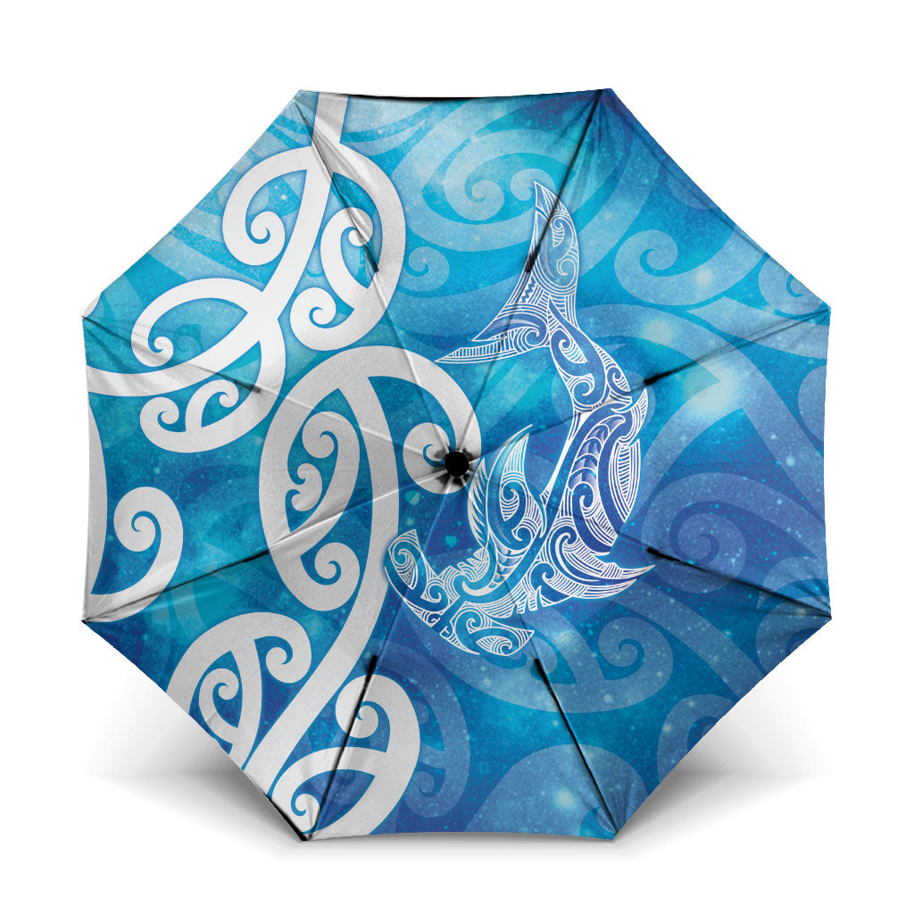 Hammerhead Shark Tattoo New Zealand Umbrella Maori Galaxy Mangopare Pattern LT14 One Size Folded 11.42 inch Opened Diameter 37.4 inch Turquoise - Polynesian Pride