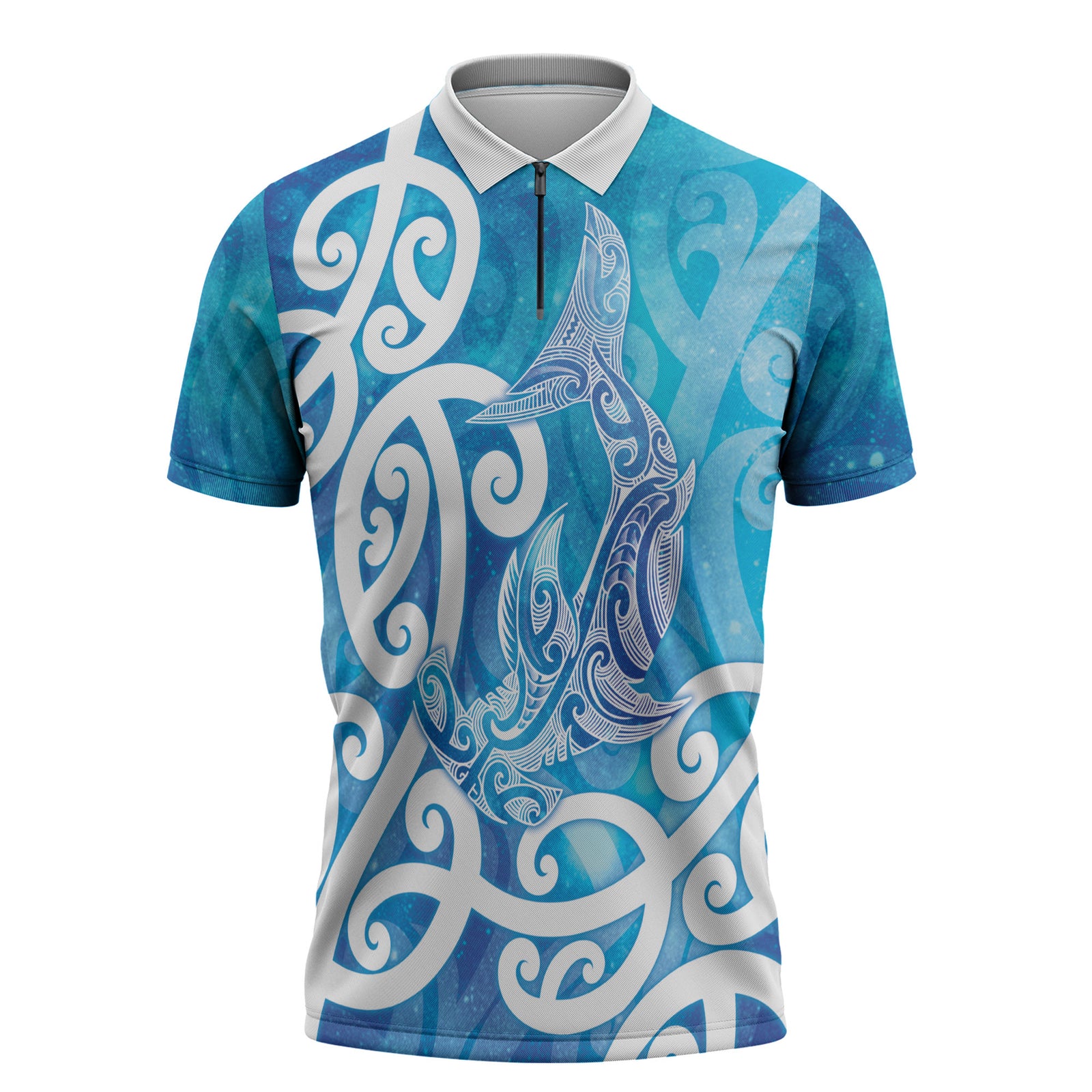 Hammerhead Shark Tattoo New Zealand Zipper Polo Shirt Maori Galaxy Mangopare Pattern LT14 Turquoise - Polynesian Pride