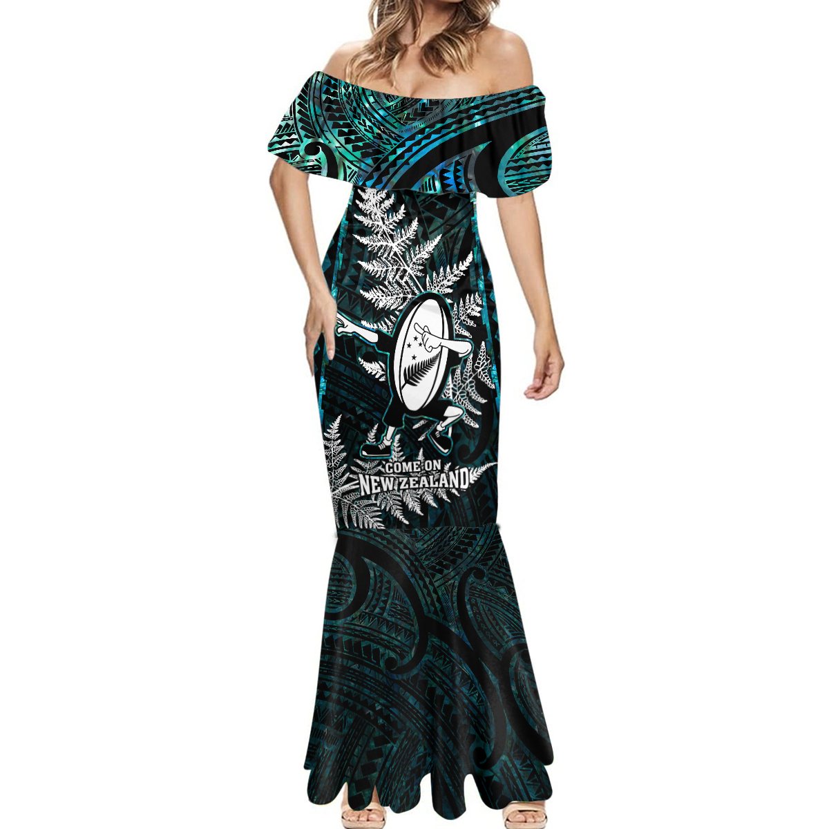 New Zealand Silver Fern Rugby Mermaid Dress Aotearoa All Black Dabbing Ball With Maori Paua Shell LT14 - Polynesian Pride