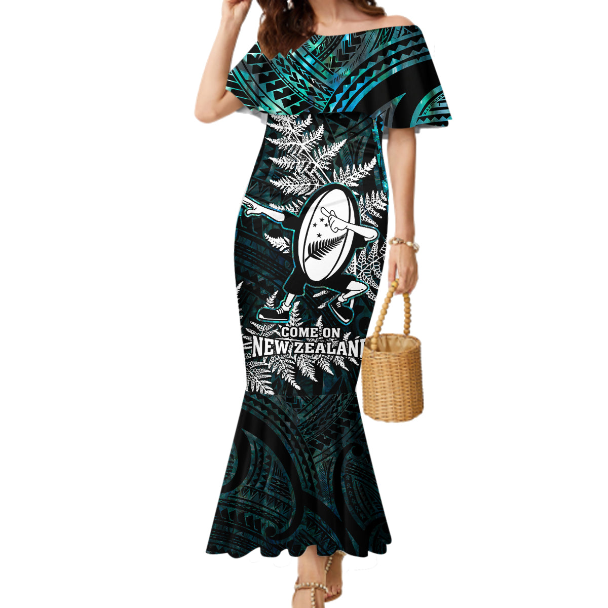 Custom New Zealand Silver Fern Rugby Family Matching Mermaid Dress and Hawaiian Shirt Aotearoa All Black Dabbing Ball With Maori Paua Shell LT14 Mom's Dress Turquoise - Polynesian Pride
