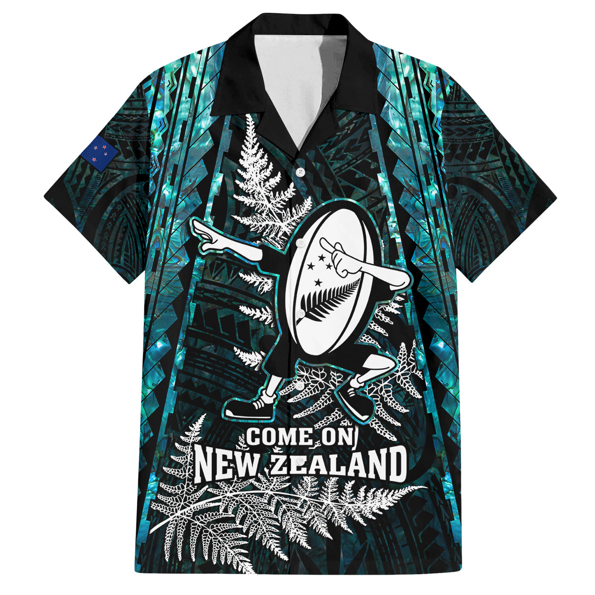 Custom New Zealand Silver Fern Rugby Family Matching Off Shoulder Maxi Dress and Hawaiian Shirt Aotearoa All Black Dabbing Ball With Maori Paua Shell LT14 Dad's Shirt - Short Sleeve Turquoise - Polynesian Pride