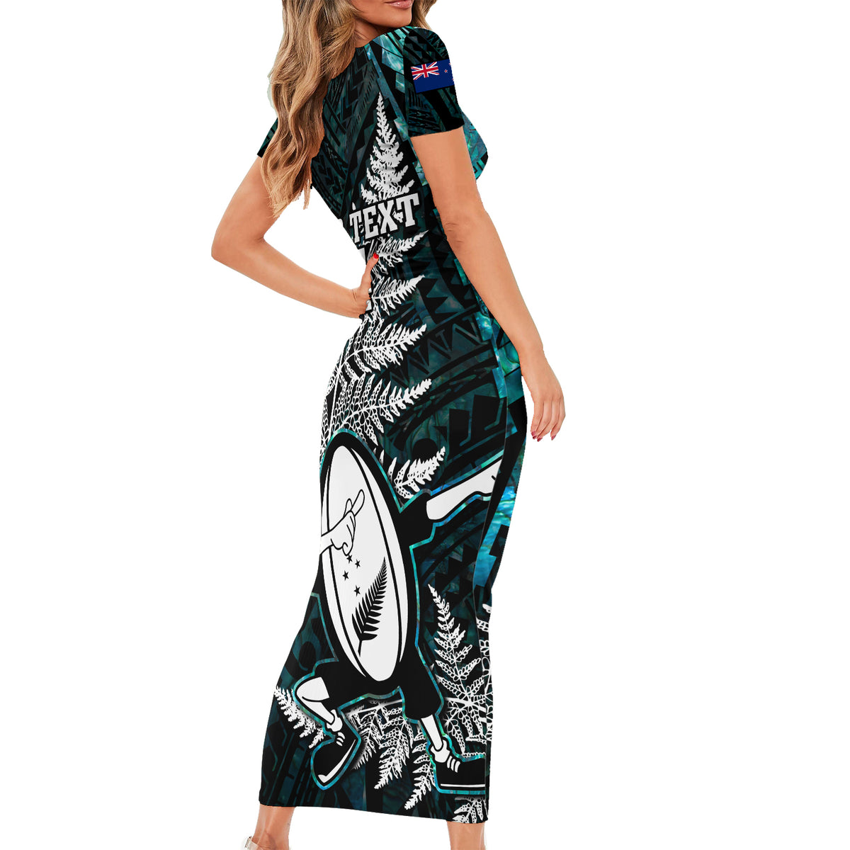 Custom New Zealand Silver Fern Rugby Short Sleeve Bodycon Dress Aotearoa All Black Dabbing Ball With Maori Paua Shell LT14 - Polynesian Pride
