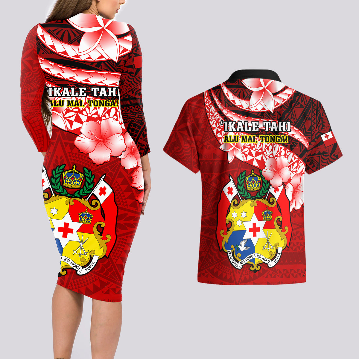 Tonga Rugby Couples Matching Long Sleeve Bodycon Dress and Hawaiian Shirt Ikale Tahi Tongan Ngatu Pattern With Dabbing Ball LT14 - Polynesian Pride