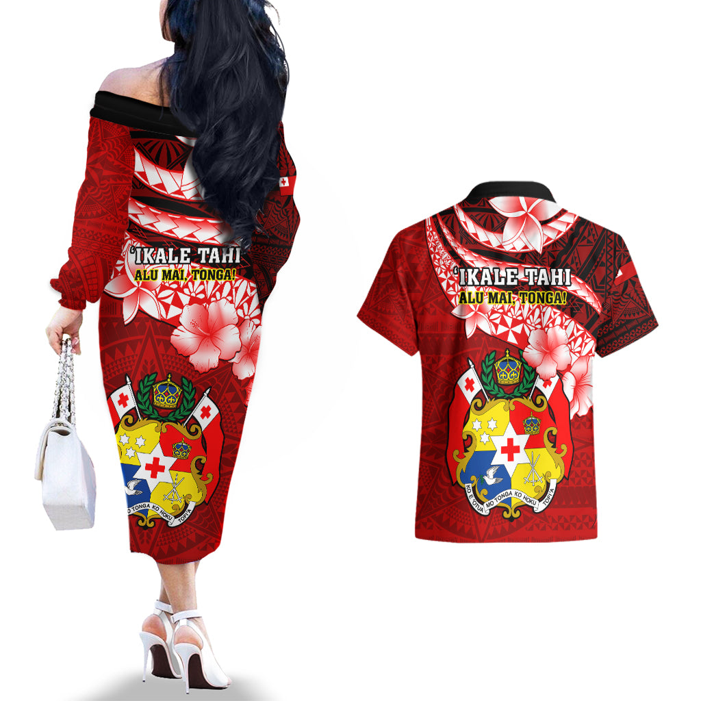 Tonga Rugby Couples Matching Off The Shoulder Long Sleeve Dress and Hawaiian Shirt Ikale Tahi Tongan Ngatu Pattern With Dabbing Ball LT14 - Polynesian Pride
