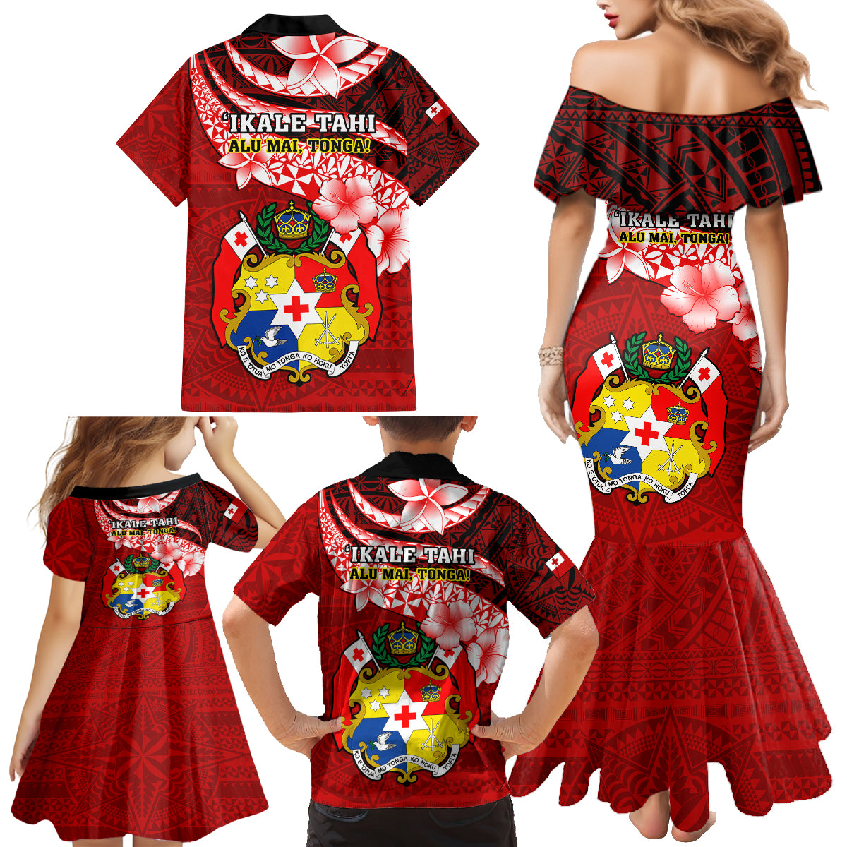 Tonga Rugby Family Matching Mermaid Dress and Hawaiian Shirt Ikale Tahi Tongan Ngatu Pattern With Dabbing Ball LT14 - Polynesian Pride