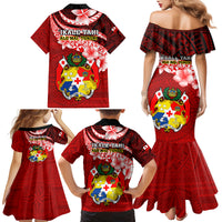 Tonga Rugby Family Matching Mermaid Dress and Hawaiian Shirt Ikale Tahi Tongan Ngatu Pattern With Dabbing Ball LT14 - Polynesian Pride