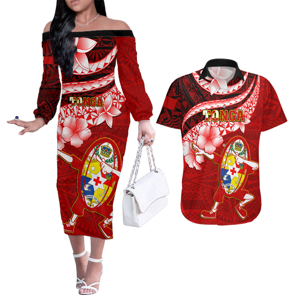 Custom Tonga Rugby Couples Matching Off The Shoulder Long Sleeve Dress and Hawaiian Shirt Ikale Tahi Tongan Ngatu Pattern With Dabbing Ball LT14 Red - Polynesian Pride