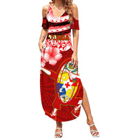 Custom Tonga Rugby Family Matching Summer Maxi Dress and Hawaiian Shirt Ikale Tahi Tongan Ngatu Pattern With Dabbing Ball LT14 Mom's Dress Red - Polynesian Pride